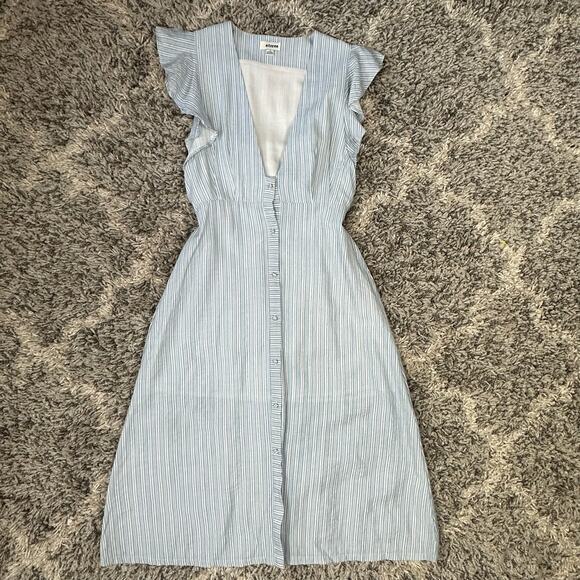 Storee Blue White Stripe Button Front Tie Waist Plunging Midi Flutter Dress S - Picture 3 of 11